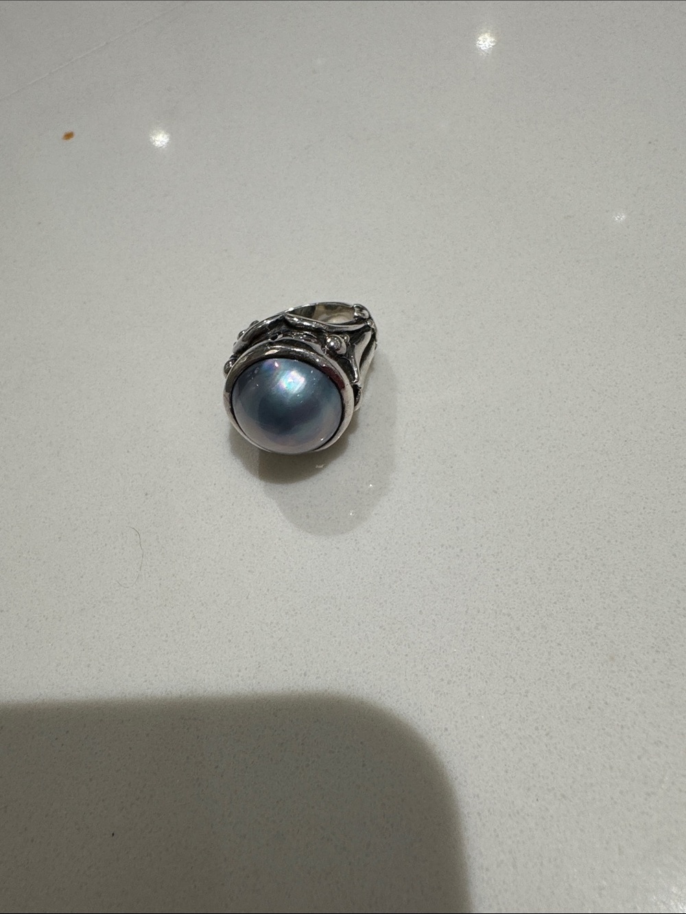 Sterling Silver Ring with Iridescent Gray-Blue Pearl